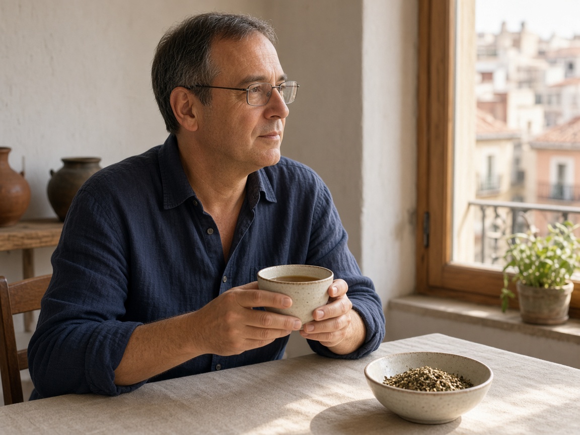 Hombre con infusión en la mesa